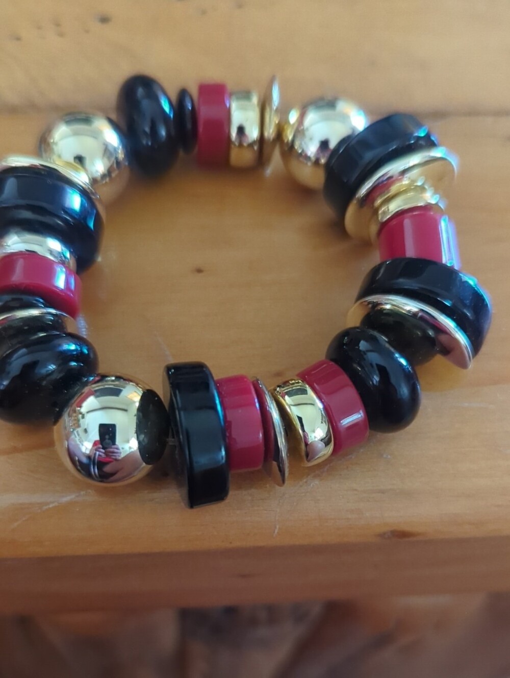 Chico's Gold, Black & Red Bead Stretch Bracelet